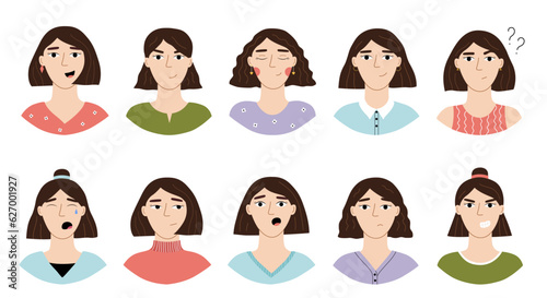 Set of woman's faces with different clothes and hairstyles. Modern vector illustration with neutral, negative and positive emotions