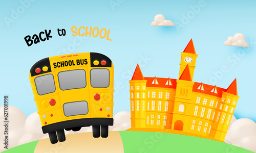 School bus paper art style driving on the road with beautiful background