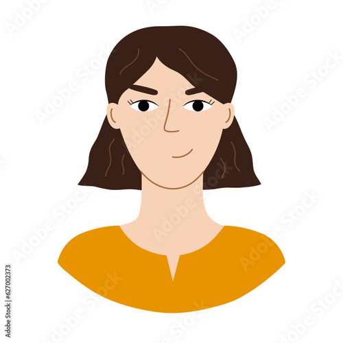 Modern woman's head with with a sly face in a flat style. Vector character with cunning concept