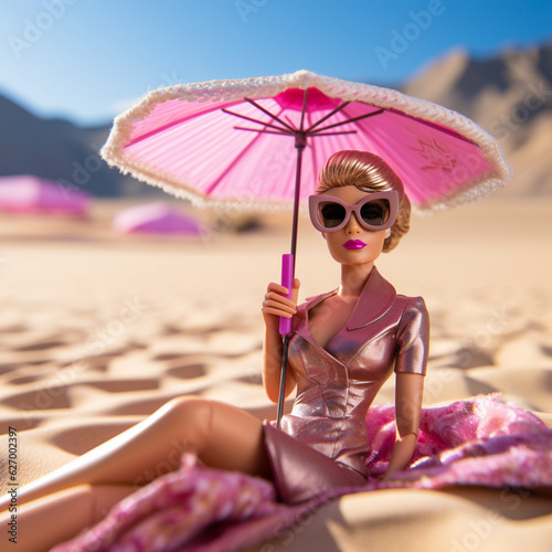 Barbie woman on the beach with umbrella