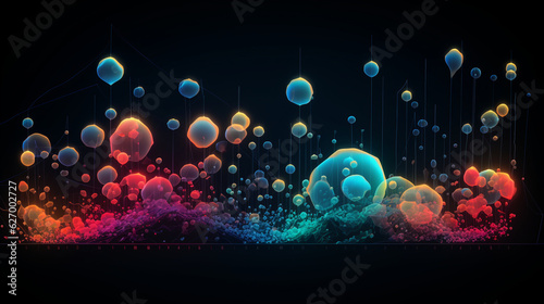 Craft a mesmerizing animated bubble chart, illustrating the trading volume and volatility of a mysterious cryptocurrency, with bubble size and color variations indicating key metri Generative AI