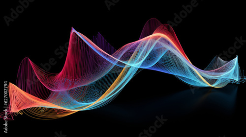 Develop an immersive 3D ribbon graph that visualizes the correlation between two undisclosed forex pairs, with twisting and flowing ribbons indicating price relationships. Generative AI photo