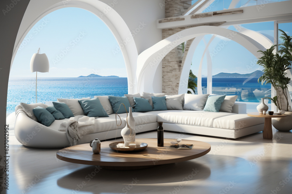 Fototapeta premium White large modern living room, ocean view background, modern Italian round furniture, ultramarine round pillows , modern architecture, round windows. AI Generative