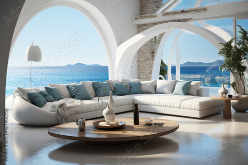 White large modern living room, ocean view background, modern Italian round furniture, ultramarine round pillows , modern architecture, round windows. AI Generative © Elena