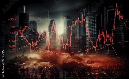 Bear market concept with stock chart digital numbers crisis red price drop arrow down chart fall. Bitcoin and Stock Exchange. Generative AI.	