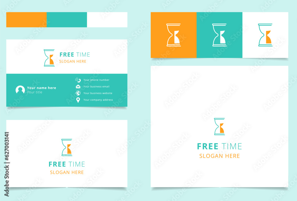 Free time logo design with editable slogan. Branding book and business card template.