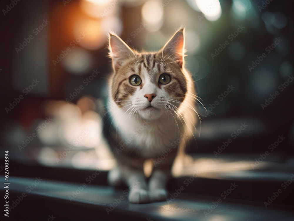 Cat portrait. Shorthair cat. Cat on a blurred natural background with bokeh highlights. AI generated
