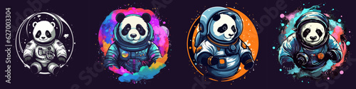 Panda astronaut on a dark background. Cartoon vector illustration.