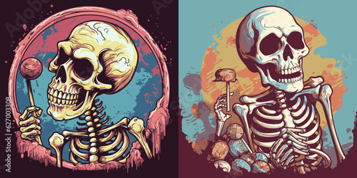 Human skeleton with candy in hand. Vector illustration.