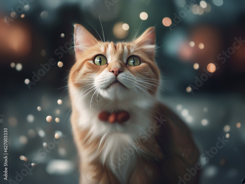 Cat portrait. Striped red cat. A cat on a blurred natural background with bokeh glare. AI generated