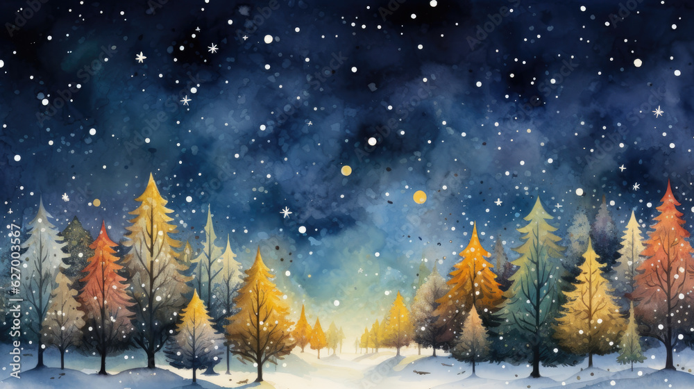 Holiday watercolor illustration of magical forest. Snowy landscape with lights. Winter season concept for postcard. Artistic nature setting, elegant design.