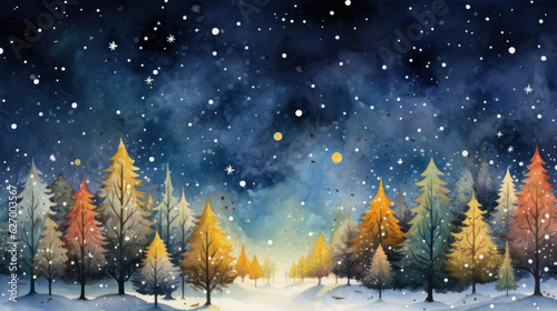 Holiday watercolor illustration of magical forest. Snowy landscape with lights. Winter season concept for postcard. Artistic nature setting  elegant design.