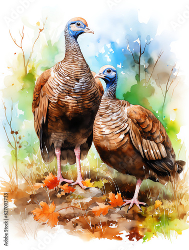 Watercolor Paint of a turkeys in forest scene