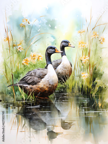 Watercolor Paint of a couple geese in lake scene