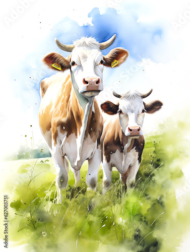 Watercolor Paint of a couple cattle, isolated in white background