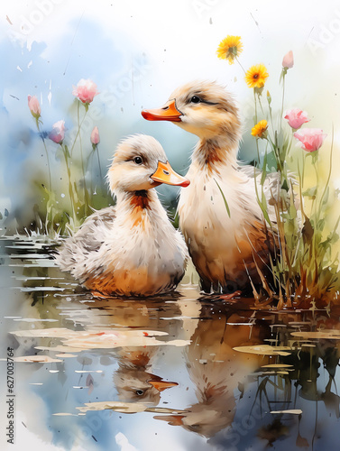 Watercolor Paint of a couple ducks in lake scene