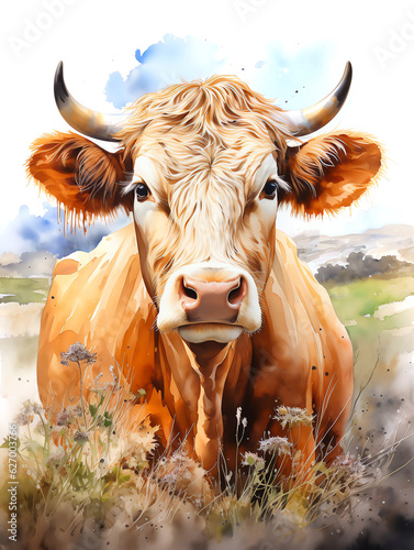 Watercolor Paint of a cattle in landscape scene