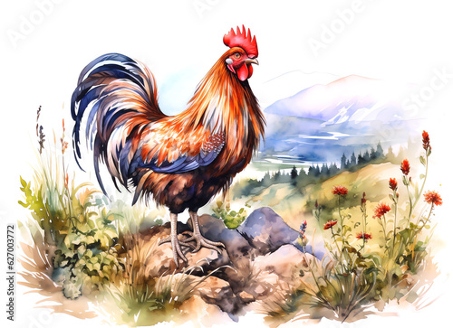 Watercolor Paint of a rooster in landscape scene