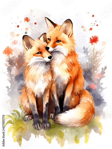 Watercolor Paint of a couple foxes, isolated in white background