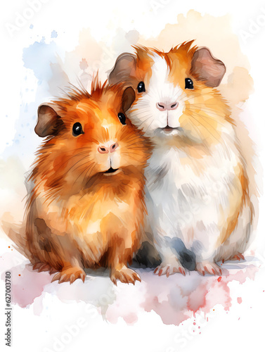 Watercolor Paint of a couple guinea pigs, isolated in white background