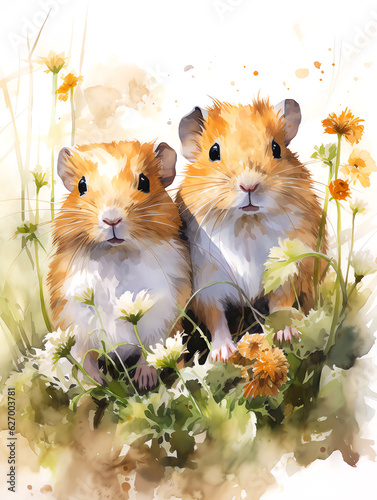 Watercolor Paint of a couple guinea pigs in grass scene