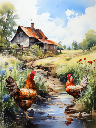 Watercolor Paint of a couple rooster and farm in background