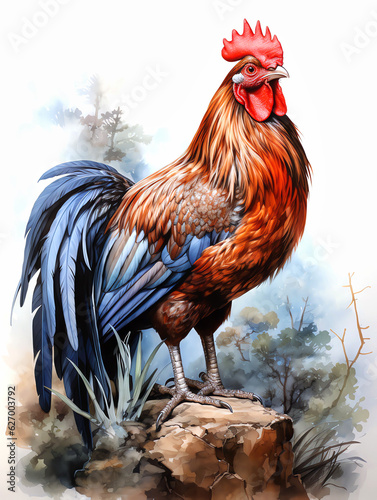 Watercolor Paint of a rooster, isolated in white background