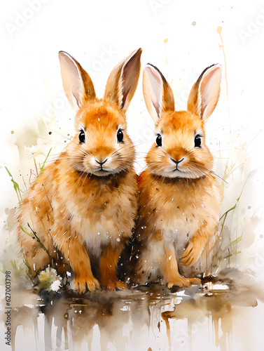 Watercolor Paint of a couple rabbits, isolated in white background