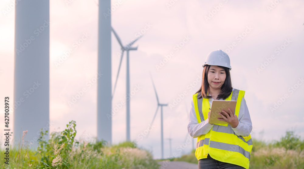 custom made wallpaper toronto digitalwomen engineer working and holding the report at wind turbine farm Power Generator Station on mountain,Thailand people