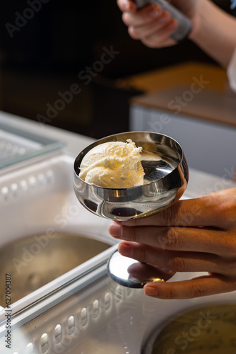 Delicious ice cream in a confectionery shop. Close-up