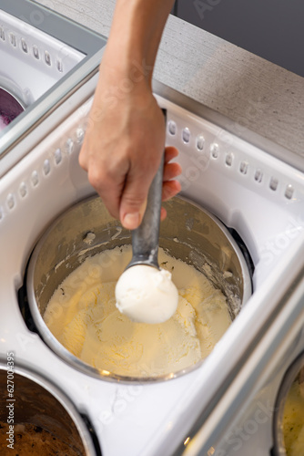Delicious ice cream in a confectionery shop. Close-up