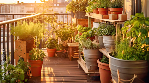 City garden on sustainable balcony with rosemary  basil  mint  cherry tomatoes and other easy-to-grow vegetables on sunset cityscape background.  Vegetable garden on terrace
