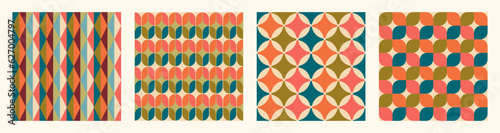 Set of Aesthetic mid century printable seamless pattern with retro design. Decorative 50`s, 60's, 70's style Vintage modern background in minimalist mid century style for fabric, wallpaper or wrapping