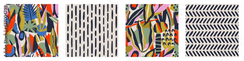 Set of Abstract contemporary seamless pattern with hand drawn shapes, spots, dots and lines with textures. Vibrant boho print. Modern collage vector illustration