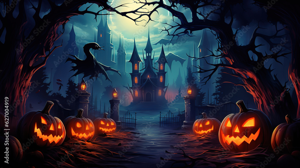 Halloween night background with scary haunted castle, Bright color. Generative Ai