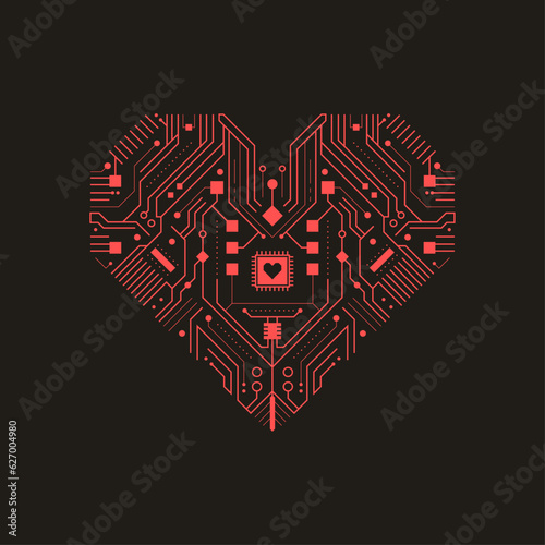 Digital heart stylized as an computer electronic microcircuit pattern with chip tracks.