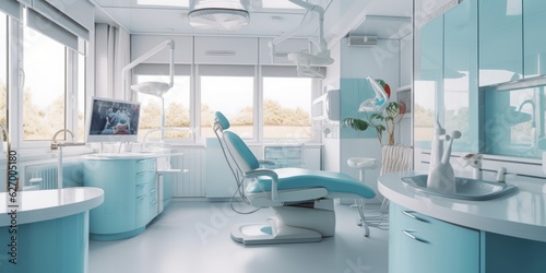 dental chair in hospital, Dentists Office with Various Dental Equipment in Solarization Effect