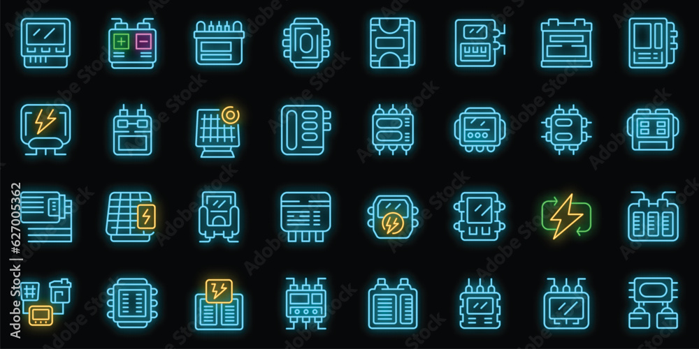 Inverter icons set outline vector. Solar nature. Power energy neon color on black Inverter icons set outline vector. Solar nature. Power energy neon color on black