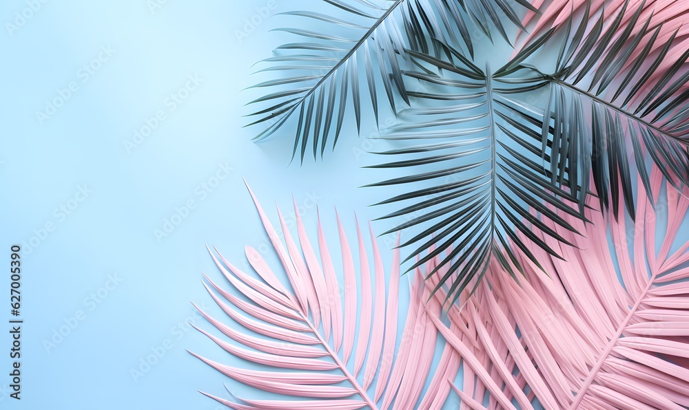 Palm leaves in pastel colors, pink and blue summer vacation inspired background.