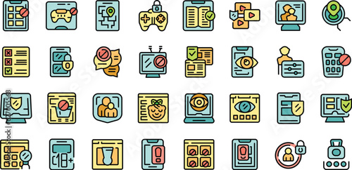 Parental control icons set outline vector. App parent. Internet child thin line color flat on white