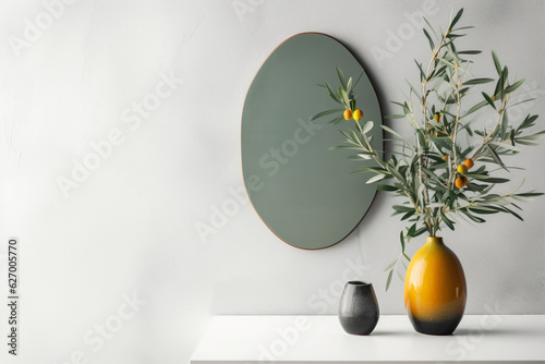 Botanical Elegance: Green Oval Canvas with Sea Buckthorn Accent, Generative AI