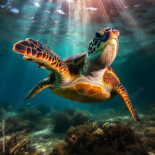 photo of a turtle in the tropical ocean 