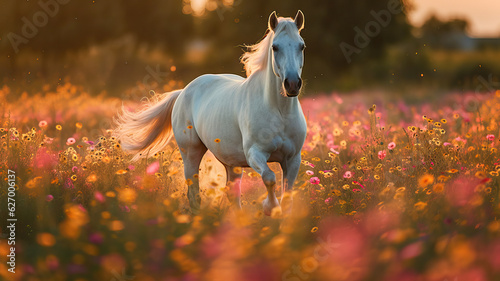 horse in a field of flowers,horse in the field,White Horse in a Field of Yellow Flowers © Moon