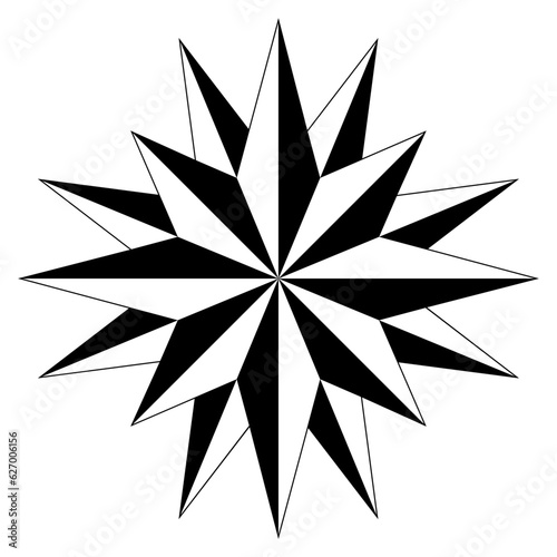 Windrose oder Kompass Rose Vektor mit sechszehn Zacken. Isolierter Hintergrund.
Symbol für die Marine-, Schifffahrts- oder Trekking-Navigation oder zur Nutzung in einer Landkarte.