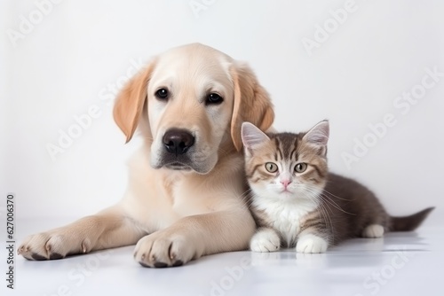 Cute little kitten cat and cute puppy dog together isolated on white background © Denis