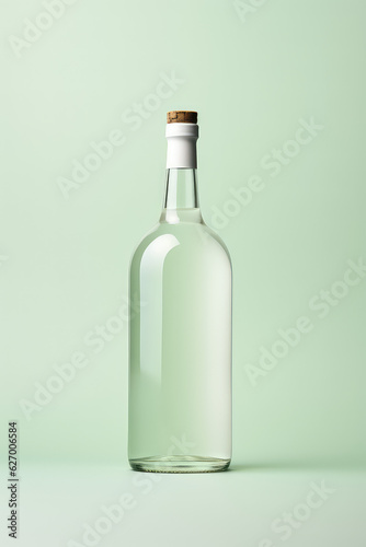 Product mockup, simple korean traditional rice wine bottle, empty place for design branding or logo placement, isolated on flat pastel green background. 3d render illustration style.