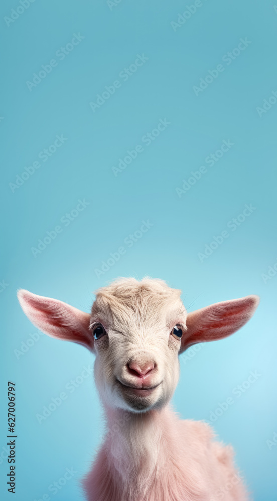 Cute small goat with happy positive smiling expression. Copy space above. Generative AI Cute small goat with happy positive smiling expression. Copy space above. Generative AI