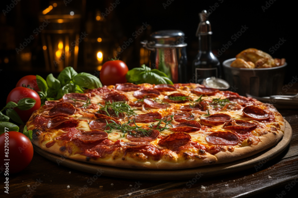 Pepperoni pizza in an Italian restaurant. Close-up. Illustration  Generative AI
