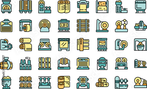 Equipment for paper production icons set outline vector. Factory roll. Wood process thin line color flat on white