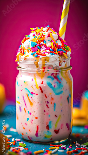 Colorful Milkshake in a Mason Jar with Rainbow Sprinkles